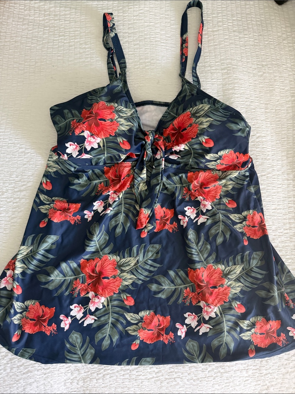Floral Tie-Front Navy Swim Tankini Top - Red Floral
